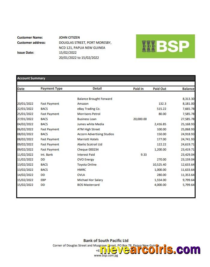 Papua New Guinea BSP bank statement xls